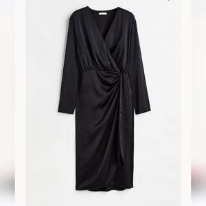 NWT H&M Large Black Satin Long Sleeve Wrap Dress Midi